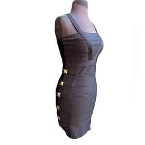 Y2K Bebe Black Bandage Gold Hardware Mini Dress M Baddie Edgy Bikercore Witchy